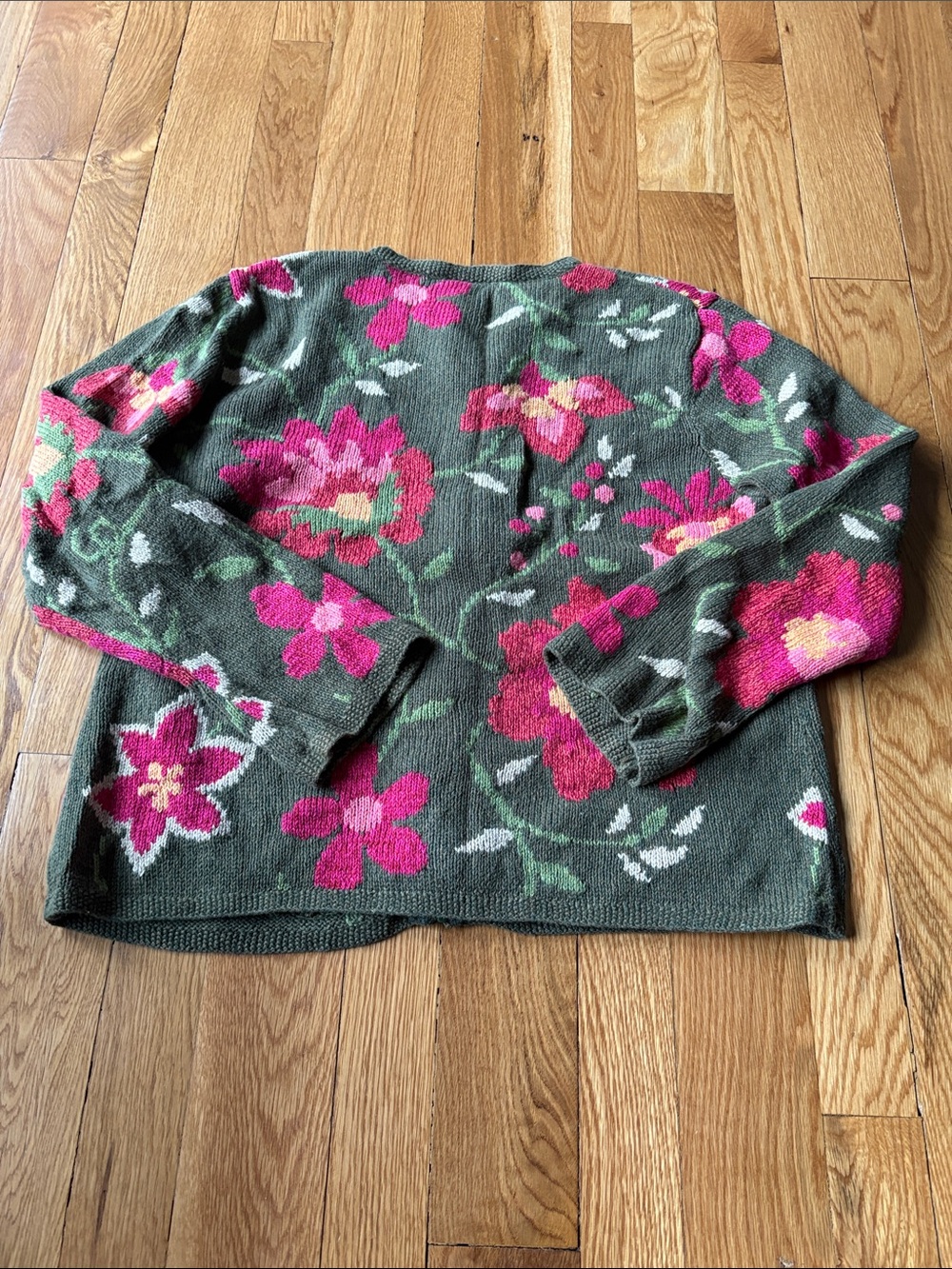Talbots Olive Green and Hot Pink Floral Knit Cardigan - Picture 4 of 4